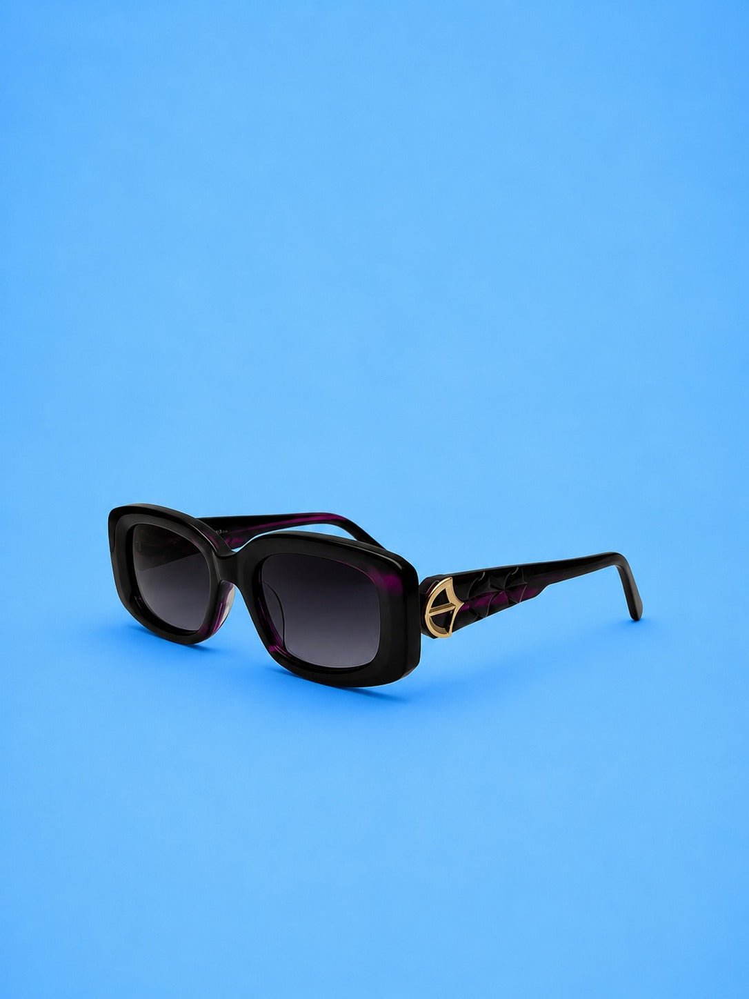 Designer-Style Oversized Rectangle Sunglasses – Black C Plum with Gold Accent