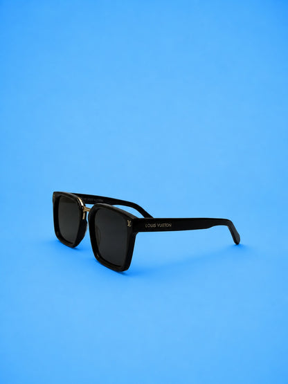 Louis Vuitton-Style Square Sunglasses – Black with Gold LV Detail