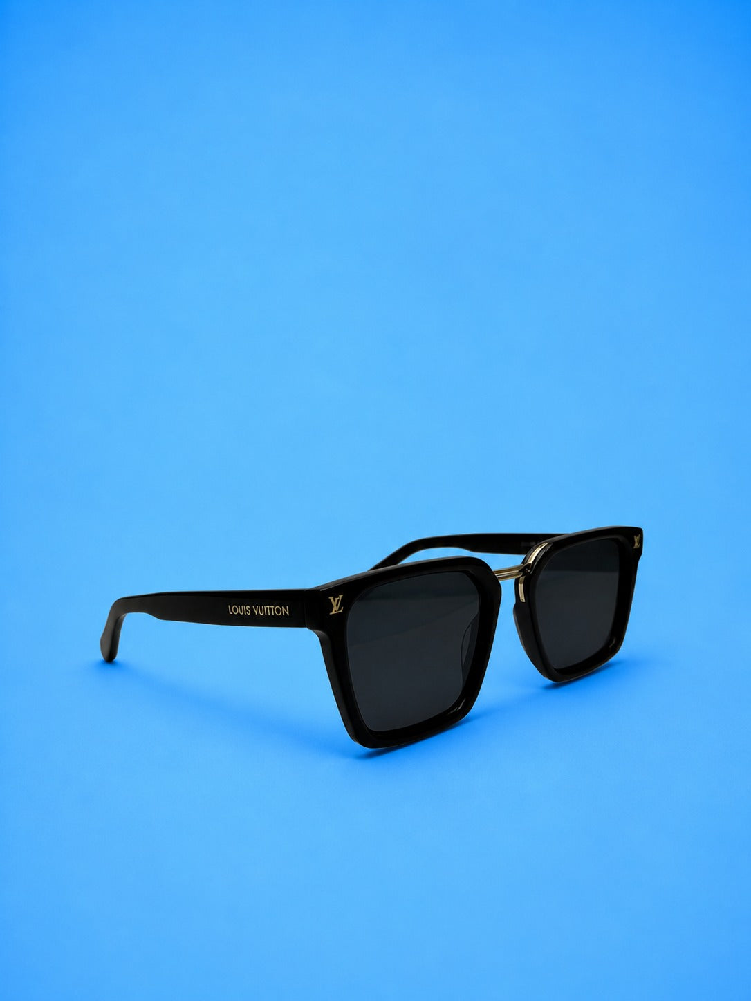 Louis Vuitton-Style Square Sunglasses – Black with Gold LV Detail